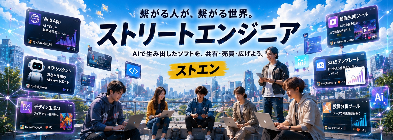 青空の未来都市で、AIから生まれたソフトのカードを囲みながら交流する人々