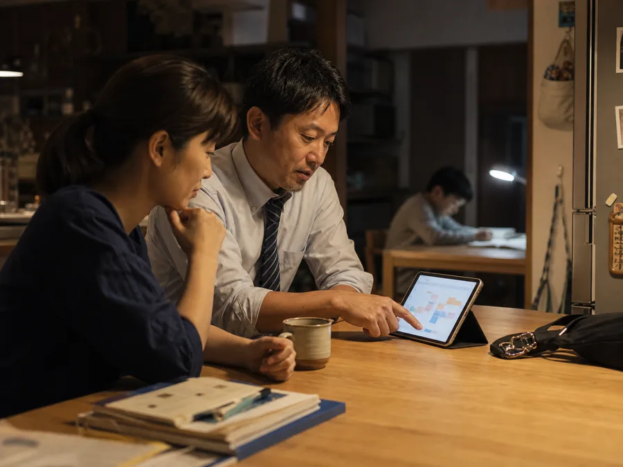 家族で使う共有カレンダーを食卓のタブレットで確認する夫婦